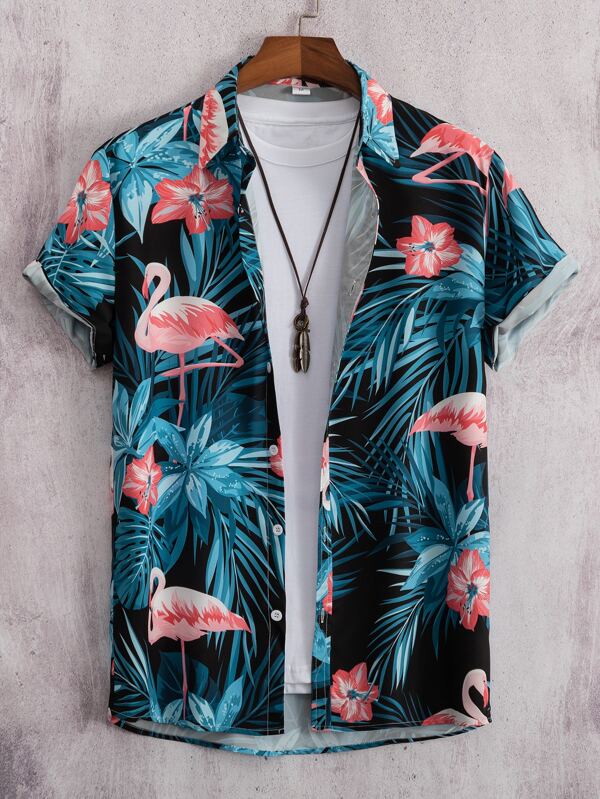 Manfinity RSRT Cămașă cu imprimeu tropical și flamingo pentru bărbați, fără tricou