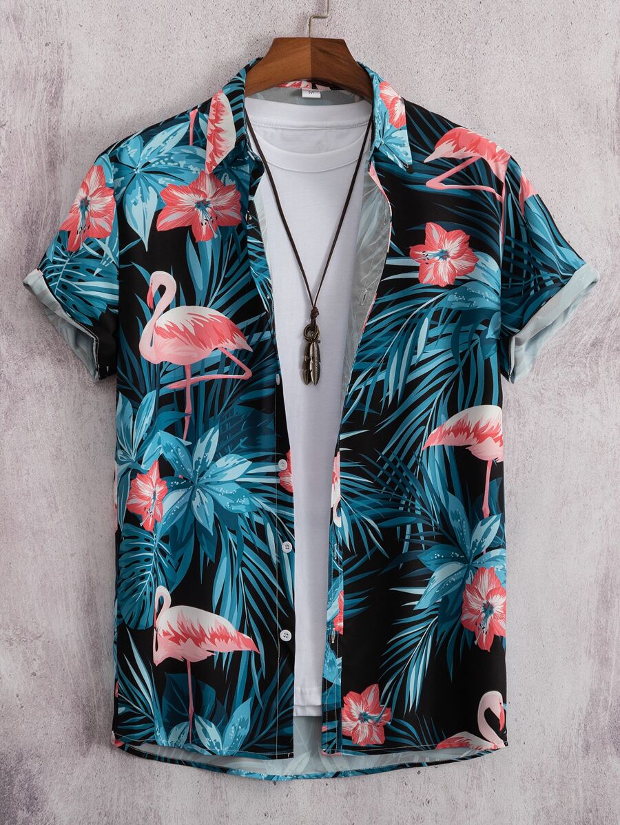 Manfinity RSRT Cămașă cu imprimeu tropical și flamingo pentru bărbați, fără tricou