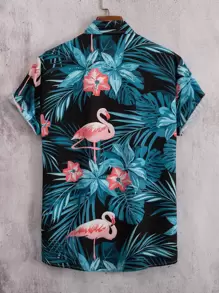 Manfinity RSRT Cămașă cu imprimeu tropical și flamingo pentru bărbați, fără tricou
