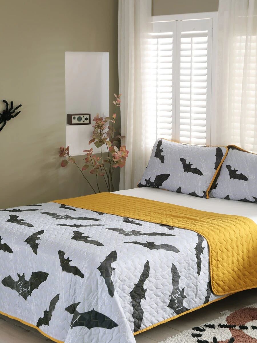 Halloween Bat Print Bedspread Set Without Filler - Multicolor - View 1