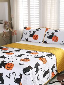 Halloween Pumpkin Print Bedspread Set Without Filler - Multicolor - View 1