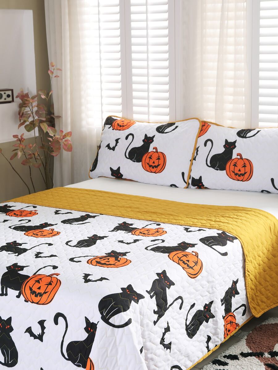 Halloween Pumpkin Print Bedspread Set Without Filler - Multicolor - View 1