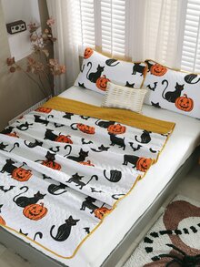 Halloween Pumpkin Print Bedspread Set Without Filler - Multicolor - View 2