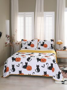 Halloween Pumpkin Print Bedspread Set Without Filler - Multicolor - View 8