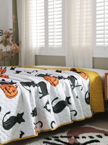 Halloween Pumpkin & Cat Print Bedspread - Multicolor - View 1