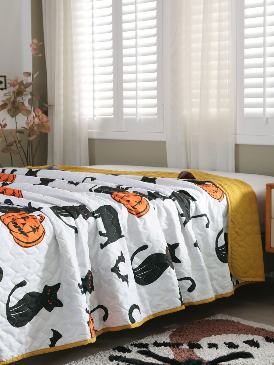 Halloween Pumpkin & Cat Print Bedspread - Multicolor - View 1