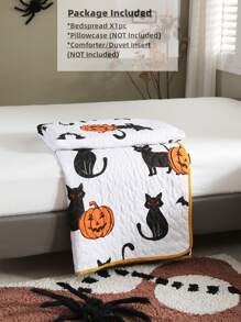 Halloween Pumpkin & Cat Print Bedspread - Multicolor - View 4