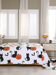 Halloween Pumpkin & Cat Print Bedspread - Multicolor - View 5