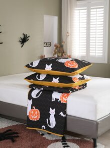 Halloween Pumpkin Print Bedspread Set Without Filler - Multicolor - View 1