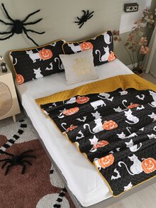 Halloween Pumpkin Print Bedspread Set Without Filler - Multicolor - View 8