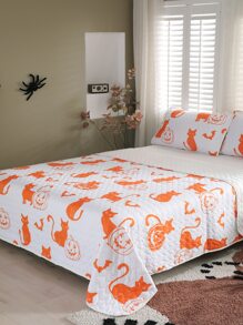 Halloween Pumpkin & Cat Print Bedspread Set Without Filler - Multicolor - View 1