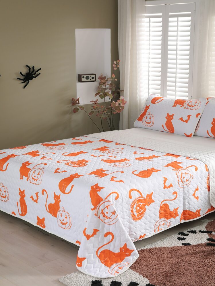 Set colcha Halloween calabaza & con estampado de gato sin relleno - Multicolor - Ver 1