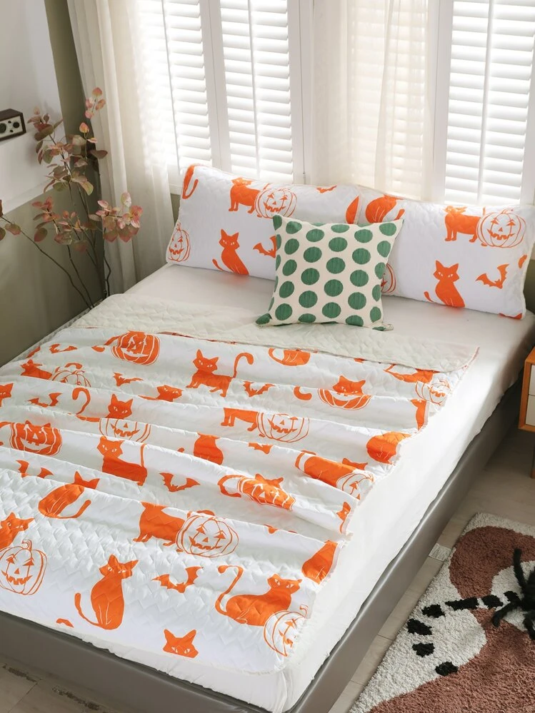 Set colcha Halloween calabaza & con estampado de gato sin relleno - Multicolor - Ver 2