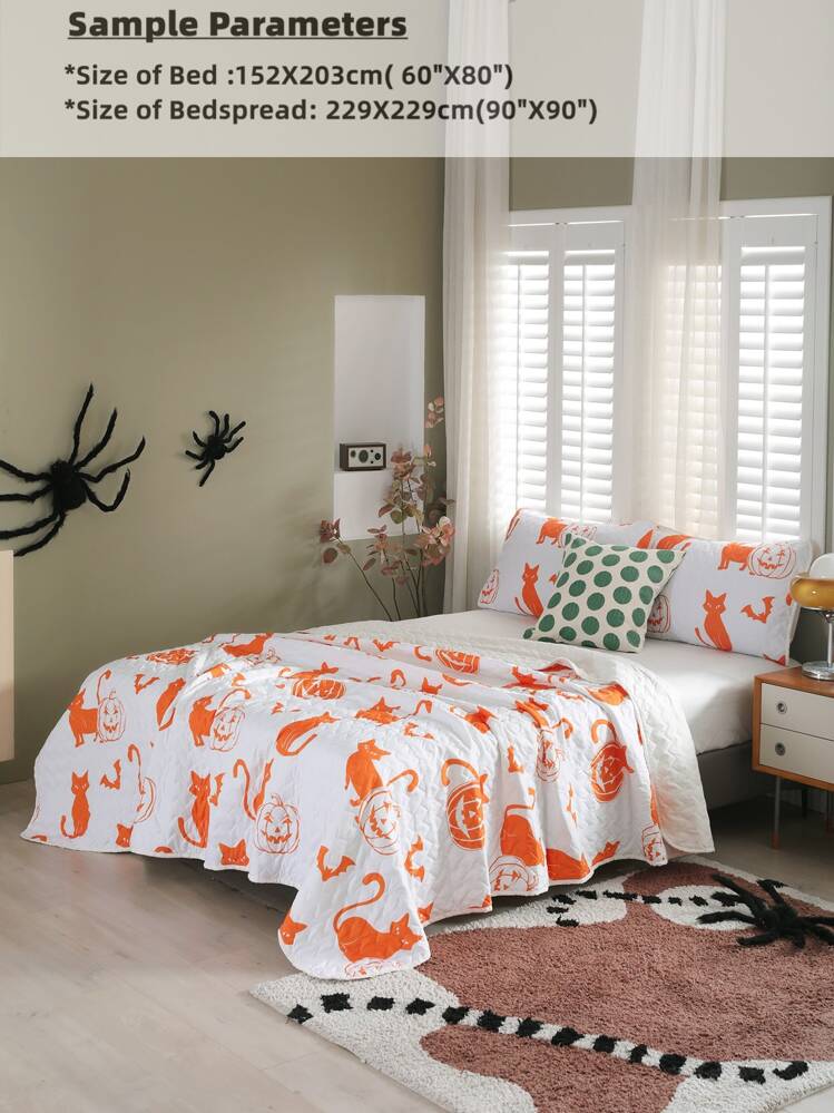Set colcha Halloween calabaza & con estampado de gato sin relleno - Multicolor - Ver 3