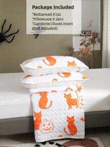 Halloween Pumpkin & Cat Print Bedspread Set Without Filler - Multicolor - View 4