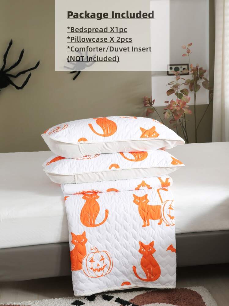Set colcha Halloween calabaza & con estampado de gato sin relleno - Multicolor - Ver 4
