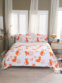 Halloween Pumpkin & Cat Print Bedspread Set Without Filler - Multicolor - View 6