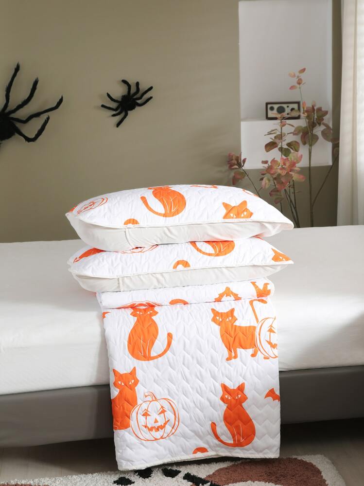 Set colcha Halloween calabaza & con estampado de gato sin relleno - Multicolor - Ver 7