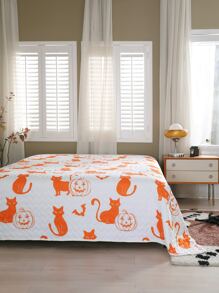 Halloween Pumpkin & Cat Print Bedspread - Multicolor - View 1