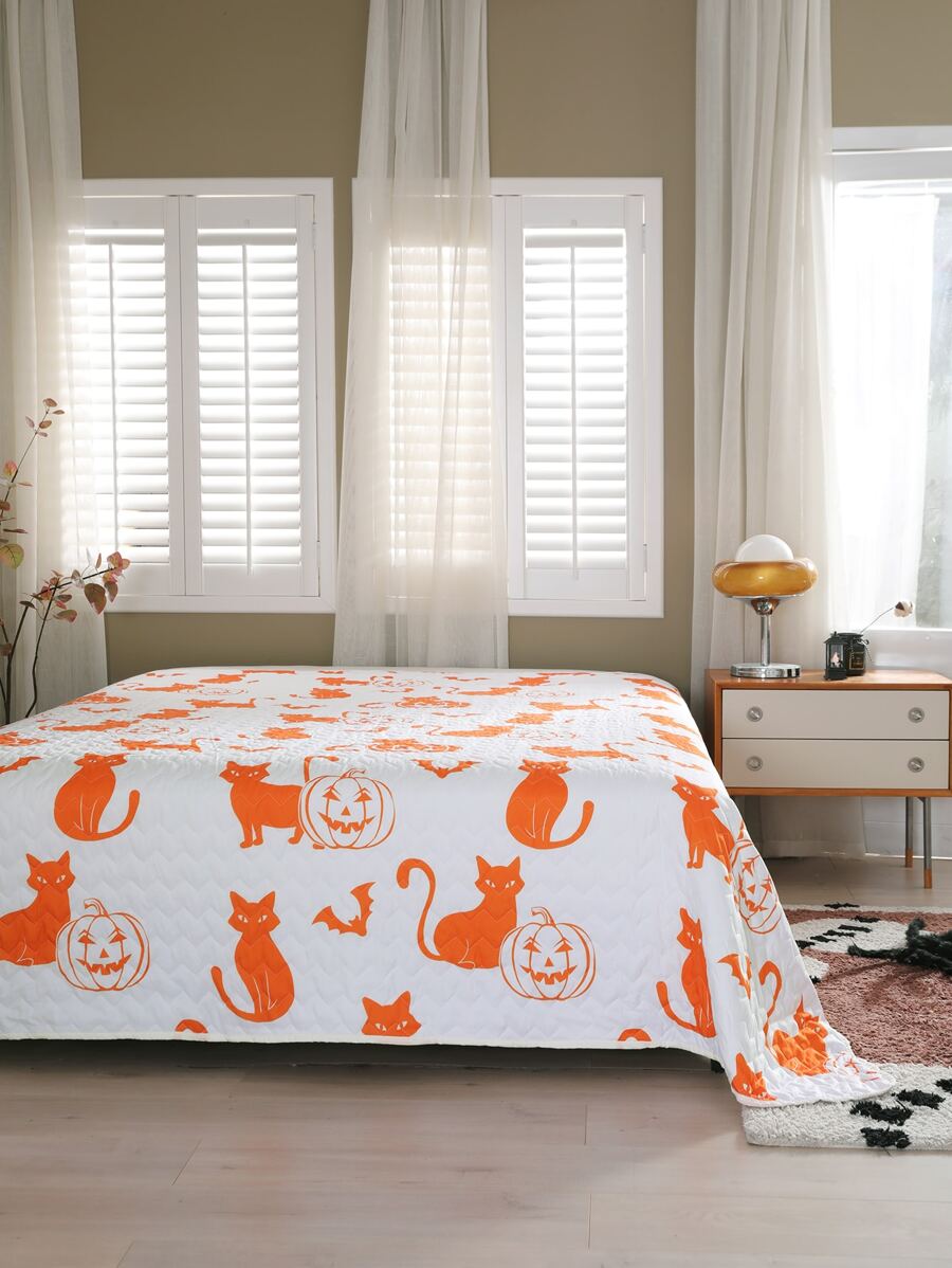 Halloween Pumpkin & Cat Print Bedspread - Multicolor - View 1