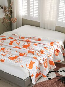 Halloween Pumpkin & Cat Print Bedspread - Multicolor - View 7