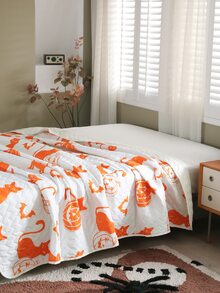 Halloween Pumpkin & Cat Print Bedspread - Multicolor - View 8