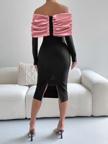 Allurite Two Tone Off Shoulder Fold Over Bodycon Dress - Multicolor - View 2