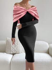 Allurite Two Tone Off Shoulder Fold Over Bodycon Dress - Multicolor - View 4