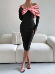 Allurite Two Tone Off Shoulder Fold Over Bodycon Dress - Multicolor - View 5