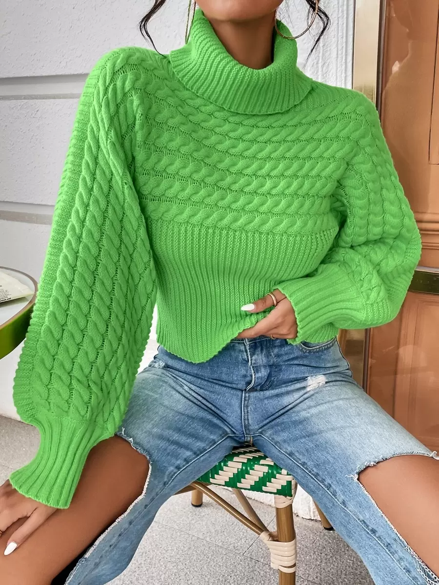 Chiquease Turtleneck Cable Knit Lantern Sleeve Sweater,Long Sleeve Tops Knit Pullover Fall Winter Outfit - Lime Green - View 1