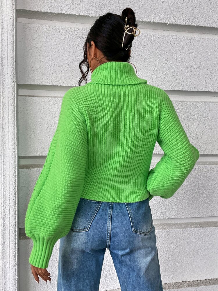 Turtleneck Cable Knit Lantern Sleeve Sweater,Long Sleeve Tops Knit Pullover Fall Winter