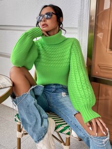 Chiquease Turtleneck Cable Knit Lantern Sleeve Sweater,Long Sleeve Tops Knit Pullover Fall Winter Outfit - Lime Green - View 3