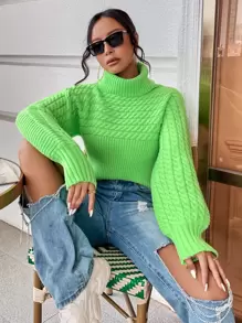 Chiquease Turtleneck Cable Knit Lantern Sleeve Sweater,Long Sleeve Tops Knit Pullover Fall Winter Outfit - Lime Green - View 4