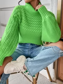 Chiquease Turtleneck Cable Knit Lantern Sleeve Sweater,Long Sleeve Tops Knit Pullover Fall Winter Outfit - Lime Green - View 5