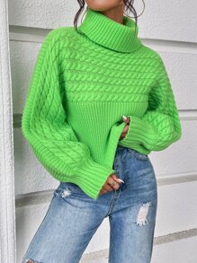 Chiquease Turtleneck Cable Knit Lantern Sleeve Sweater,Long Sleeve Tops Knit Pullover Fall Winter Outfit - Lime Green - View 6