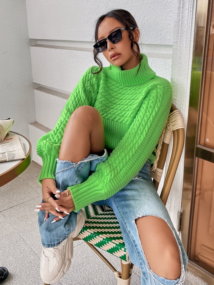 Turtleneck Cable Knit Lantern Sleeve Sweater,Long Sleeve Tops Knit Pullover Fall Winter