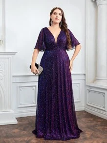 SHEIN Belle Plus Plunging Neck Flounce Sleeve Glitter Bridesmaid Dress Elegant Formal Evening Prom Wedding Guest Gown, For Graduation, Dinner Party Dress