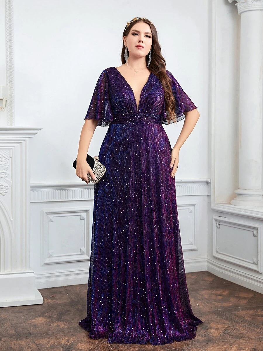 SHEIN Belle Plus Plunging Neck Flounce Sleeve Glitter Bridesmaid Dress Elegant Formal Evening Prom Wedding Guest Gown, For Graduation, Dinner Party Dress