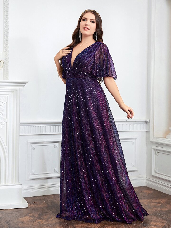 SHEIN Belle プランジングネック フリル袖 グリッター ブライズ