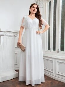 SHEIN Belle Plus Contrast Mesh Butterfly Sleeve Wedding Dress - White - View 1
