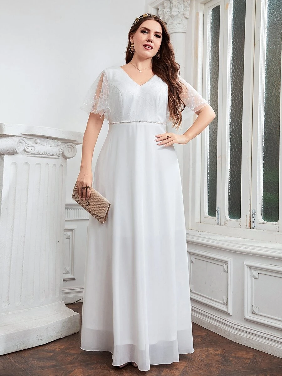 SHEIN Belle Plus Contrast Mesh Butterfly Sleeve Wedding Dress - White - View 1