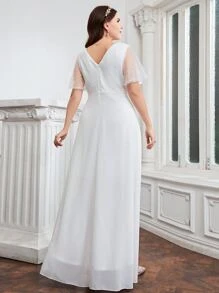 SHEIN Belle Plus Contrast Mesh Butterfly Sleeve Wedding Dress - White - View 2