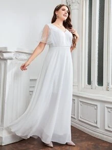 SHEIN Belle Plus Contrast Mesh Butterfly Sleeve Wedding Dress - White - View 3