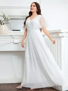 SHEIN Belle Plus Contrast Mesh Butterfly Sleeve Wedding Dress - White - View 4