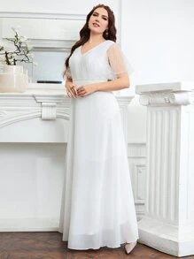 SHEIN Belle Plus Contrast Mesh Butterfly Sleeve Wedding Dress - White - View 5