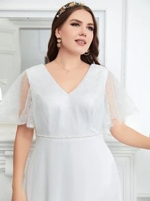 SHEIN Belle Plus Contrast Mesh Butterfly Sleeve Wedding Dress - White - View 6