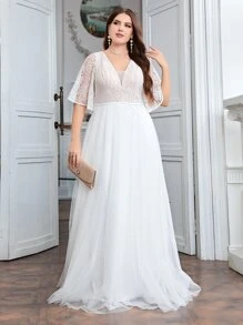 SHEIN Belle Plus Lace Panel Butterfly Sleeve Mesh Wedding Dress - White - View 4