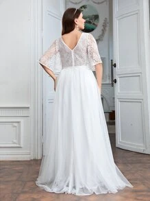 SHEIN Belle Plus Lace Panel Butterfly Sleeve Mesh Wedding Dress - White - View 3