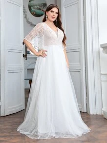 SHEIN Belle Plus Lace Panel Butterfly Sleeve Mesh Wedding Dress - White - View 5