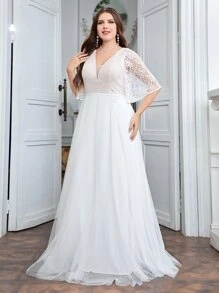 SHEIN Belle Plus Lace Panel Butterfly Sleeve Mesh Wedding Dress - White - View 1